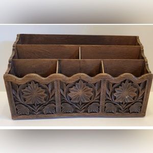Vintage 1970s Lerner Faux Carved Wood Desk Organizer Mail Letter Holder